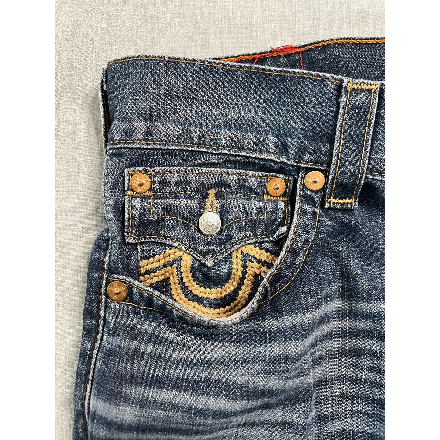 True Religion Flap Pocket Logo Straight Fit Distressed Jeans 31