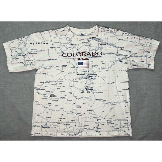 Vintage 90s Colorado USA Map All Over Print T-Shirt Large