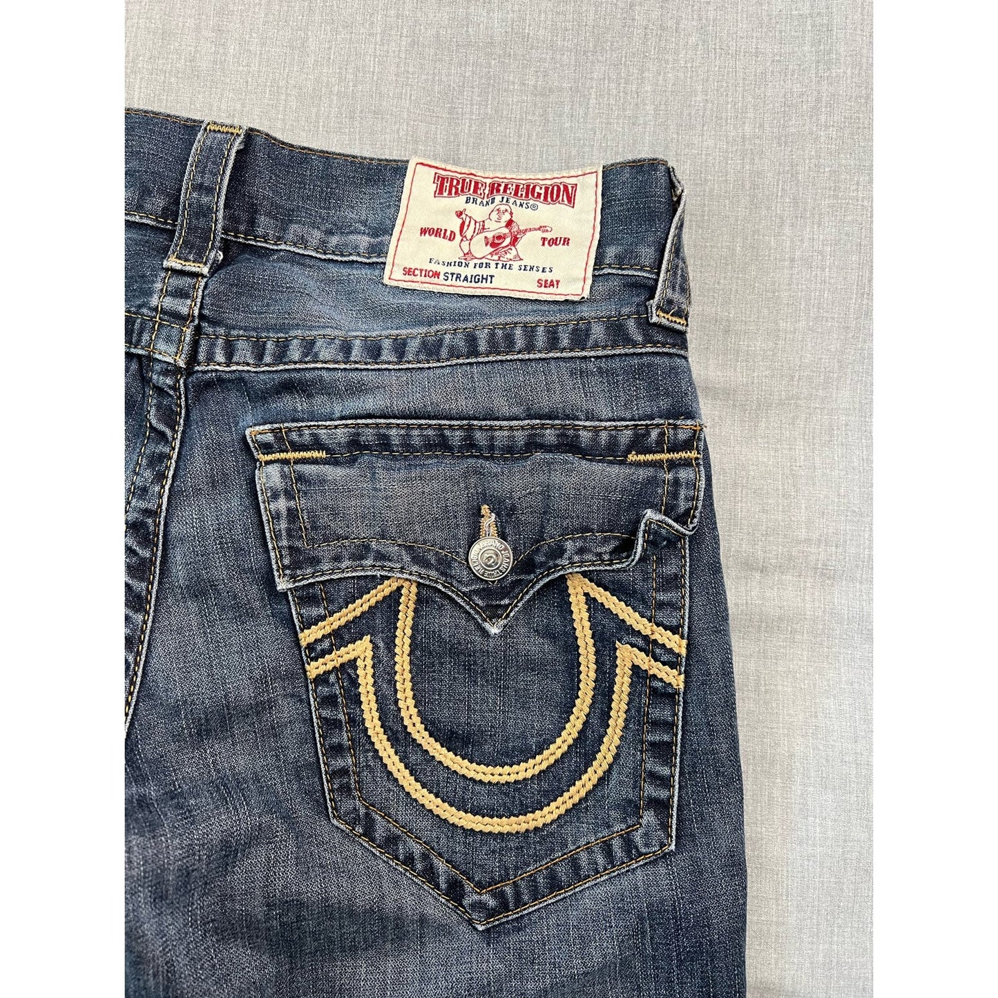 True Religion Flap Pocket Logo Straight Fit Distressed Jeans 31