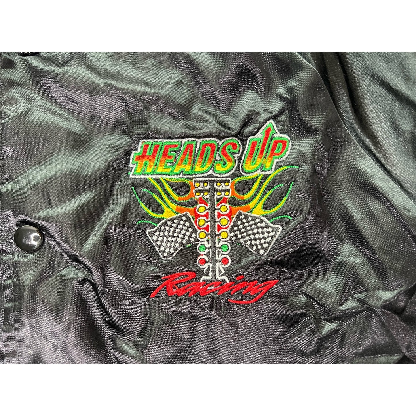 Outlaw Street Heads Up Racing Satin Snap Up Bomber Jacket Large