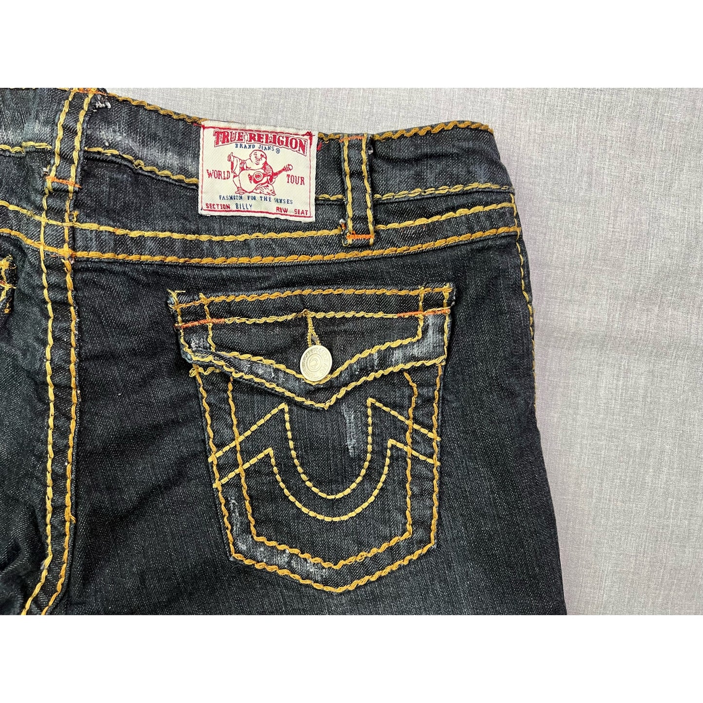 True Religion Billy Thick Stitch Pocket Flap Distressed Jeans 32x25