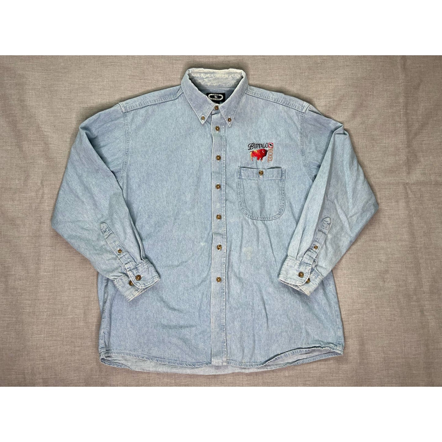 Buffalo Nickel Embroidered Three Rivers Denim Button Down Shirt Large