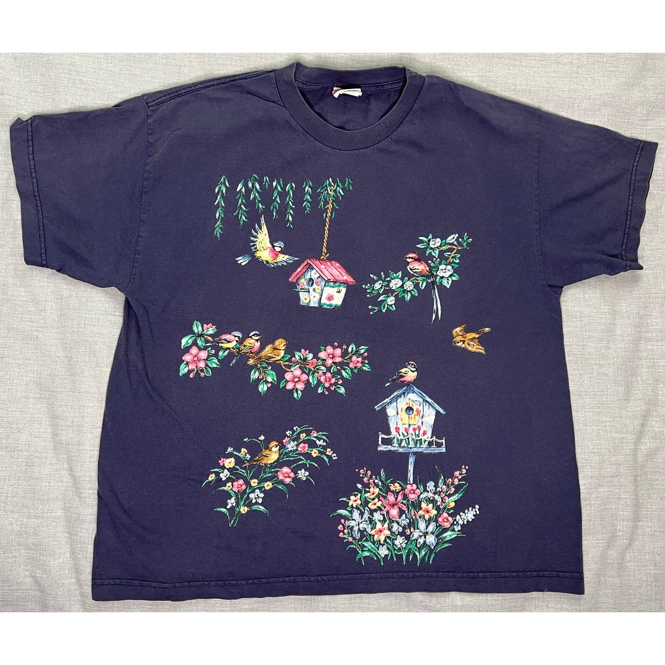 Vintage Birdhouse Floral Nature Double Sided T-Shirt Women's XL