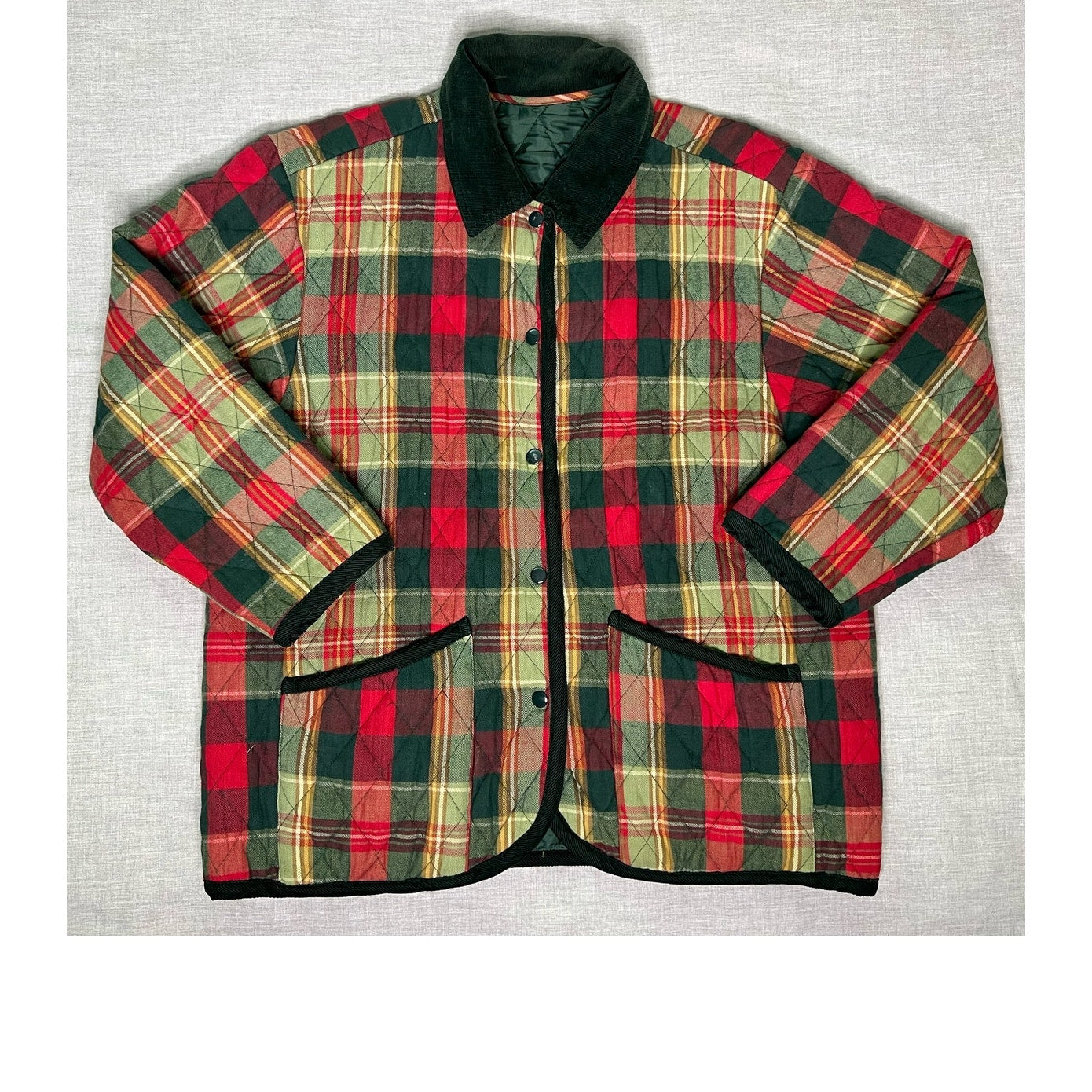 Quilted Plaid Flannel Snap Up Lined Chore Jacket Medium